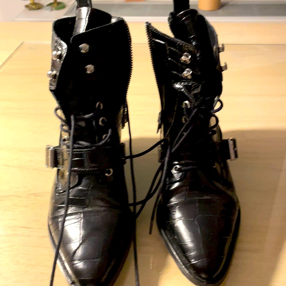 Allsaints Katy black ankle boots crocodile print Size 36